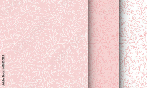 Botanic seamless pattern in pink and white colors. Endless background for linen, fabric, wallpaper, wrapping paper. Nice little leaves and tree branches.