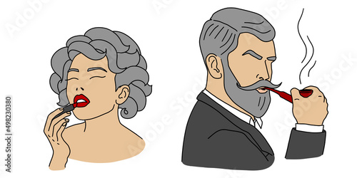 Retro lady and gentleman icons. A bearded man with a pipe and a woman with lipstick. WC, toilet, restroom vintage signs template. Elegant classic style couple. Vector illustration.