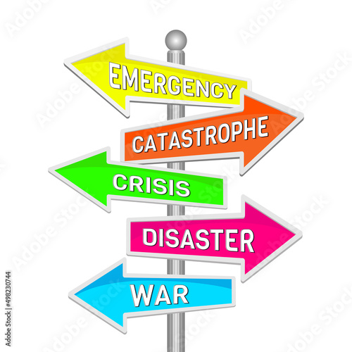 Emergency, catastrophe, crisis, disaster, war words on signpost isolated on white background. Vector illustration