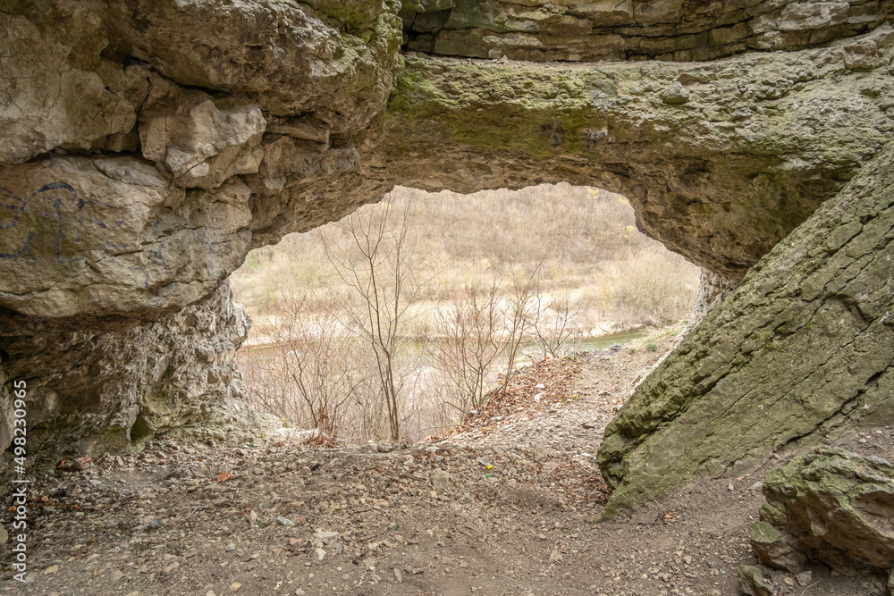 Exit from the cave in the rock in the woods. View from inside. Kamianets-Podilskyi, Ukraine.