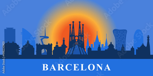 Famous city skyline of Barcelona. Flat well-known silhouettes. Vector illustration.