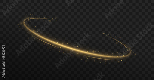 Golden sparkling light trail. Magic light trail of glittering comet tail. Shimmering golden wave with glitter.
