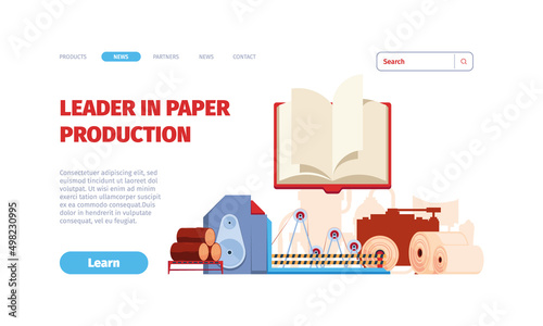 Paper production landing. Chemical processes or paper industry garish vector web page template with place for personal text