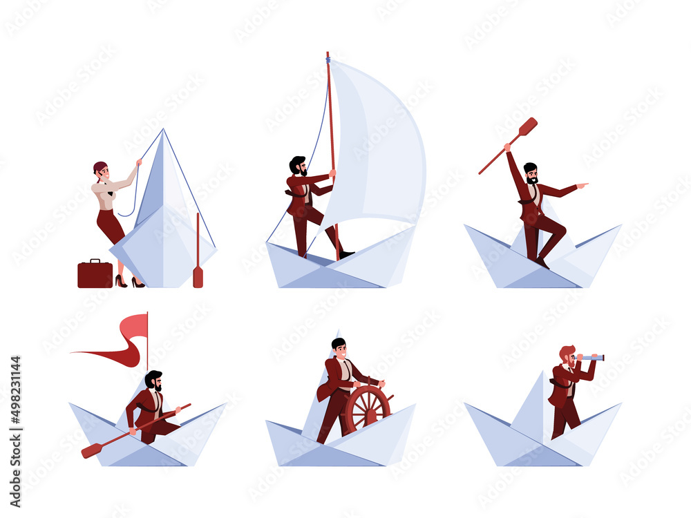 Businessman on boat. Office leader managers bosses moving on paper ship travelling characters teamwork navigation concept garish vector concept illustrations