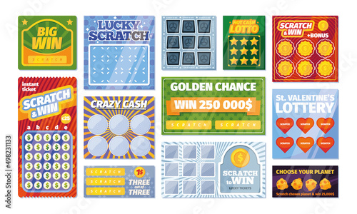 Lottery tickets collection. Royal edition victory scratching numbered tickets for lottery with prizes garish vector illustrations with place for text photo