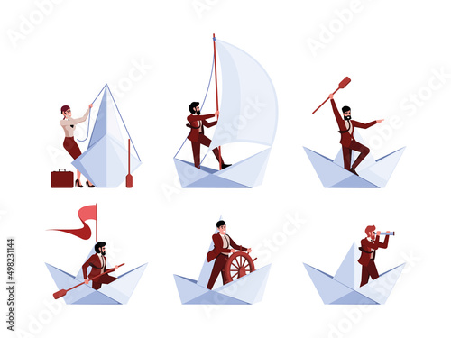 Businessman on boat. Office leader managers bosses moving on paper ship travelling characters teamwork navigation concept garish vector concept illustrations