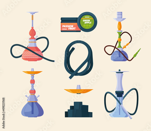 Hookah. Unhealthy exotic turkish smoking tools arab tobacco east symbols garish vector hookah colored pictures