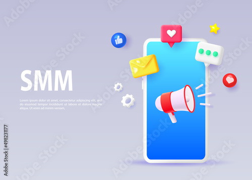 Social media marketing concept banner. Mobile phone with 3D icons. photo