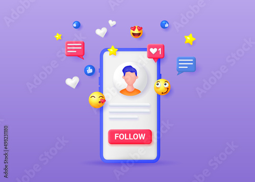 Social network and online communication concept banner. Mobile phone with 3D icons.