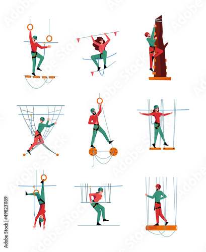 Forest rope park. Active entertainment for children sport forest climbing adventures garish vector cartoon characters