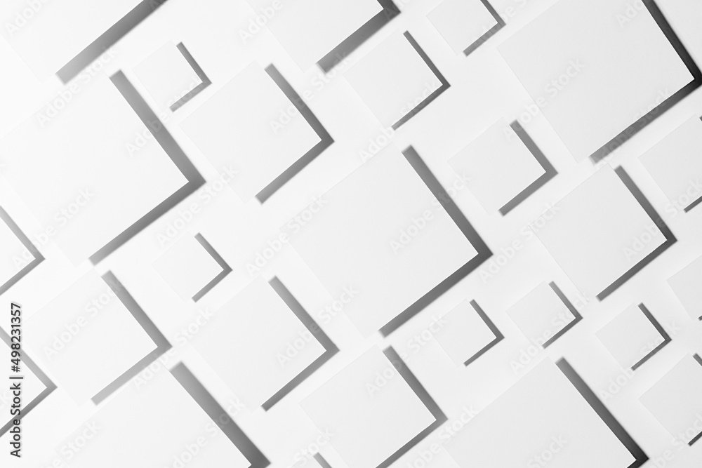 White abstract geometric background with rhombuses in bright light with strict grey shadows, as tile pattern, top view. Simple mosaic backdrop in minimalist style. White abstract geometric background with rhombuses in bright light with strict grey shadows, as tile pattern, top view. Simple mosaic backdrop in minimalist style.