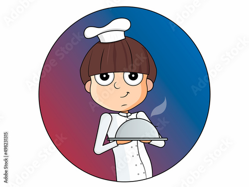 Chef boy holding a tray of food. vector illustration. Icon