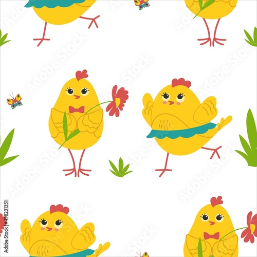 Cute yellow chicks in different poses seamless pattern, birds and flowers, butterflies. Vector illustration.