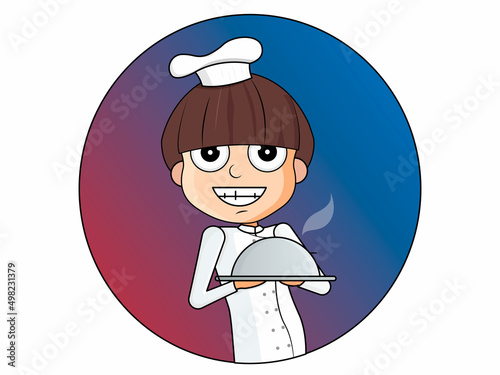 Chef boy holding a tray of food. vector illustration. Icon