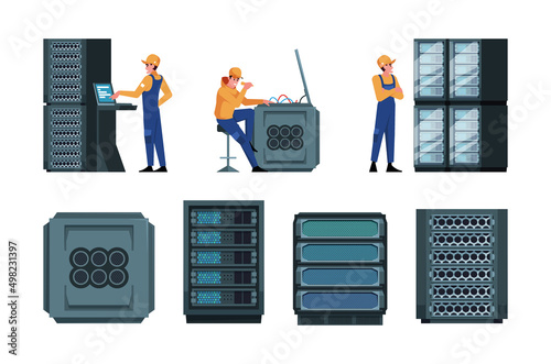 Servers engineer. Data center workers administrators making wireless internet control center repair servers garish vector colored set