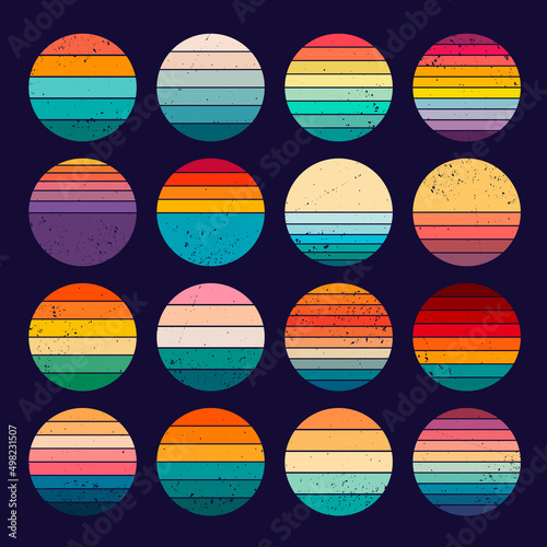 Sunset retro logo. California banners 1980 templates circle colored vintage pictures for badges recent vector ilustrations set