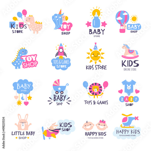Kids logo. Baby store with toys clothes shoes recent vector cartoon badges templates set isolated