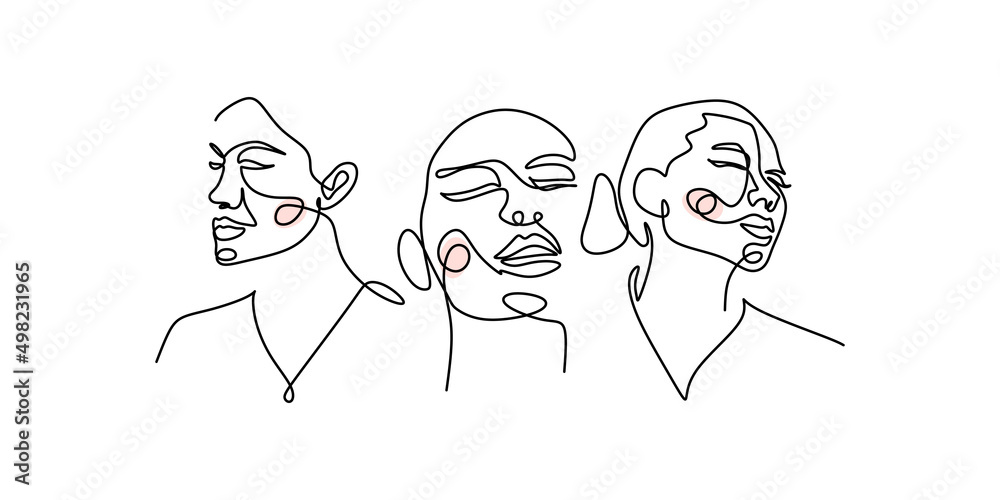 One continuous single line of surreal woman faces isolated on white background. One continuous single line of surreal woman faces isolated on white background.
