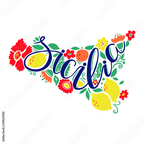 Handdrawn map of Sicily with colourful flowers. Italian Sicilia island. Visit Italy concept. Poster design or postcard illustration. Business travel card.
