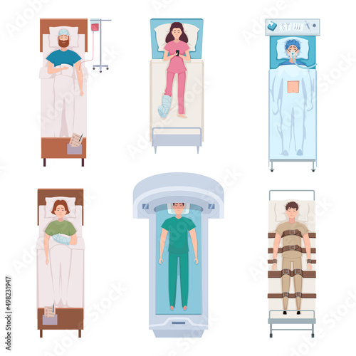 Patient in bed. Ill cartoon characters in hospital bed emergency procedures for help persons exact vector patient top view