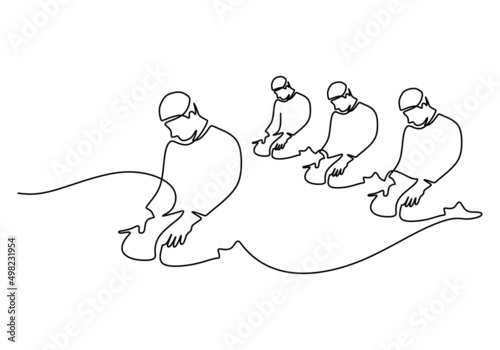 One continuous single line of people pray together isolated on white background.
