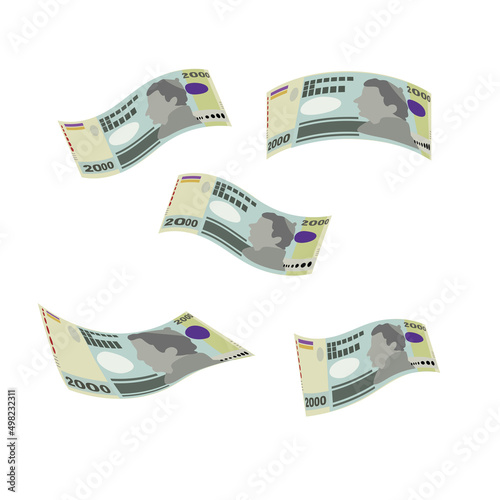 Peso Uruguayo Vector Illustration. Uruguay money set bundle banknotes. Falling, flying money 2000 UYU. Flat style. Isolated on white background. Simple minimal design.
