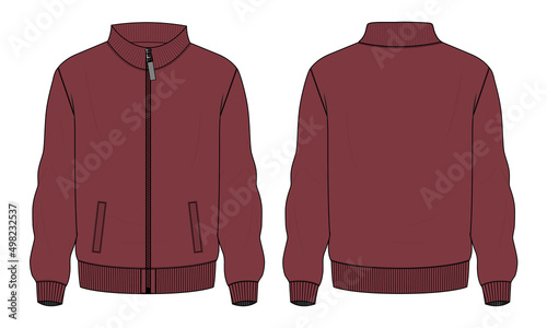 Long sleeve jacket with pocket and zipper technical fashion flat sketch vector illustration Red Color  template front and back views. Fleece jersey sweatshirt jacket for men's and boys.