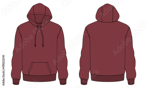 Long Sleeve Hoodie technical fashion flat sketch vector illustration Red Color template front and back views. Fleece jersey sweatshirt hoodie mock up for men's and boys.
