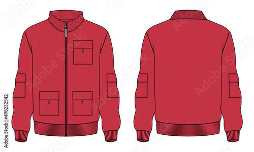 Long sleeve jacket with pocket and zipper technical fashion flat sketch vector illustration Red Color template front and back views. Fleece jersey sweatshirt jacket for men's and boys.