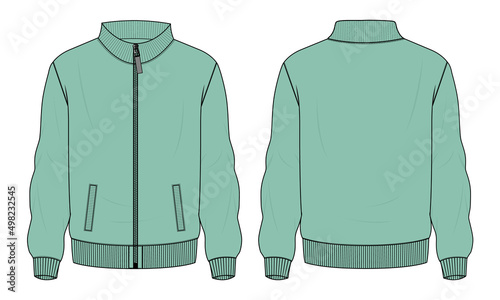 Long sleeve jacket with pocket and zipper technical fashion flat sketch vector illustration Green Color template front and back views. Fleece jersey sweatshirt jacket for men's and boys.