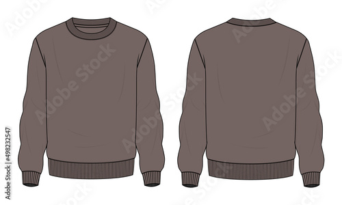 Long sleeve Sweatshirt technical fashion flat sketch vector illustration Khaki Color template front and back views. Fleece jersey sweatshirt sweater jumper for men's and boys.