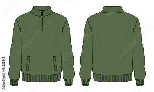 Long sleeve jacket with pocket and zipper technical fashion flat sketch vector illustration green color template front and back views. Fleece jersey sweatshirt jacket for men's and boys.