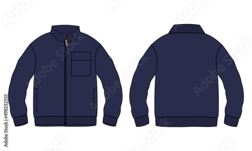 Long sleeve jacket with pocket and zipper technical fashion flat sketch vector illustration navy color  template front and back views. Fleece jersey sweatshirt jacket for men's and boys.
