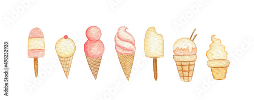 Watercolor isolated illustration with ice cream. Hand drawn ice cream elements set.