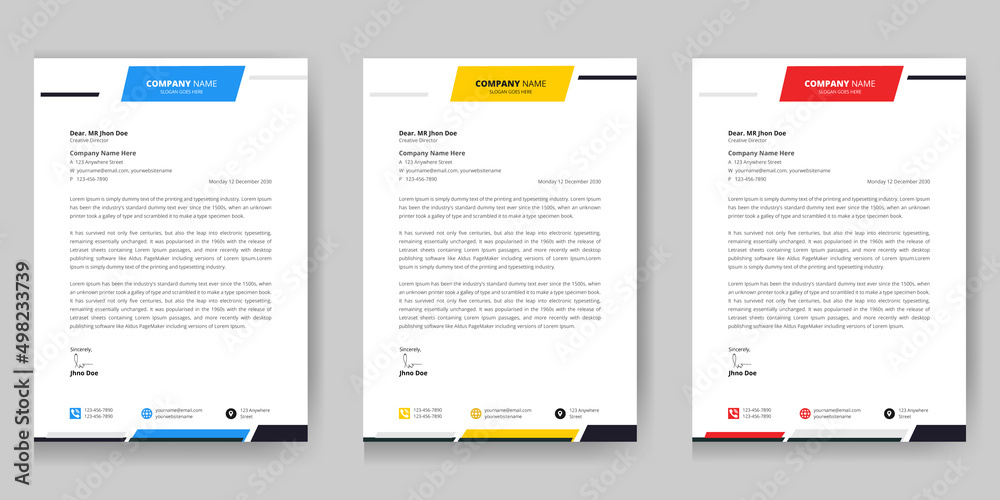 Modern Proefessional Business Letterhead Design Template, A4 Size Fully editable, Stationary Design, Red, Black, Yellow, Blue Color, Vector Template design