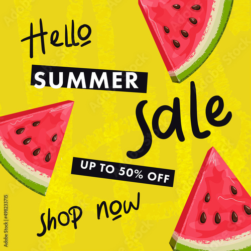 Hello Summer Sale web or social media banner design template in modern art style with hand drawn juicy watermelons on yellow background with modern lettering and typography