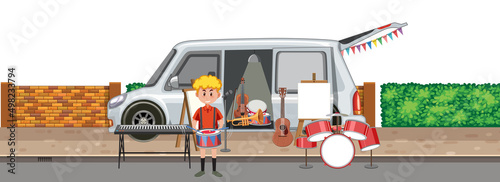 Yard sale with instruments in the van