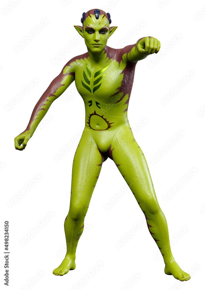 3D Rendering Green Alien on White