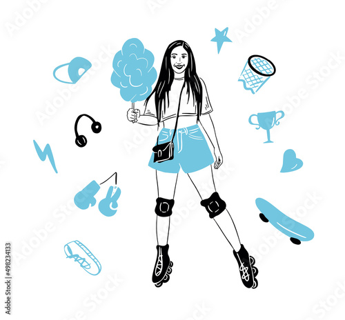 A girl on roller skates with cotton candy in her hands. A set of street sports items.Vector illustration.