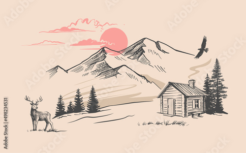 Mountains and house with deer vector. Nature landscape