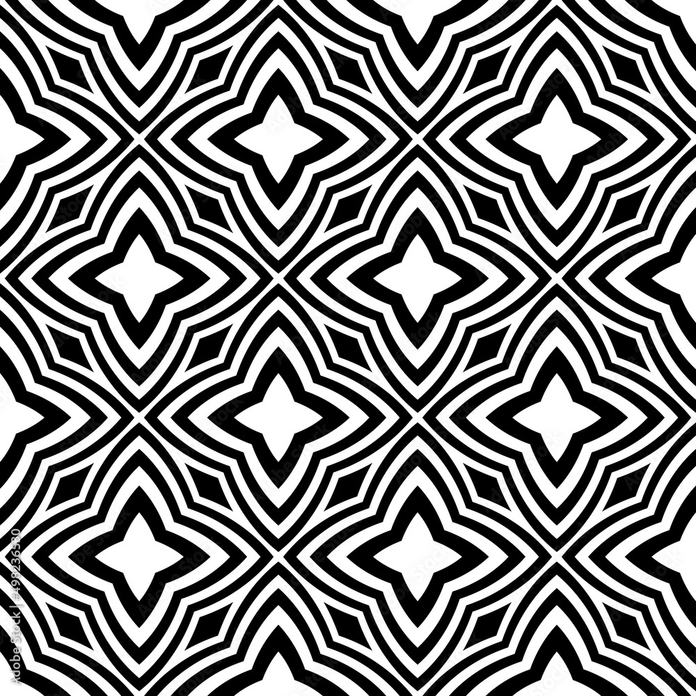 Abstract endless geometric texture illustration of symmetric lattice repeat tiles. Simple minimalist black & white background. Design for prints, textile, decor.Geometric texture with curved shapes.