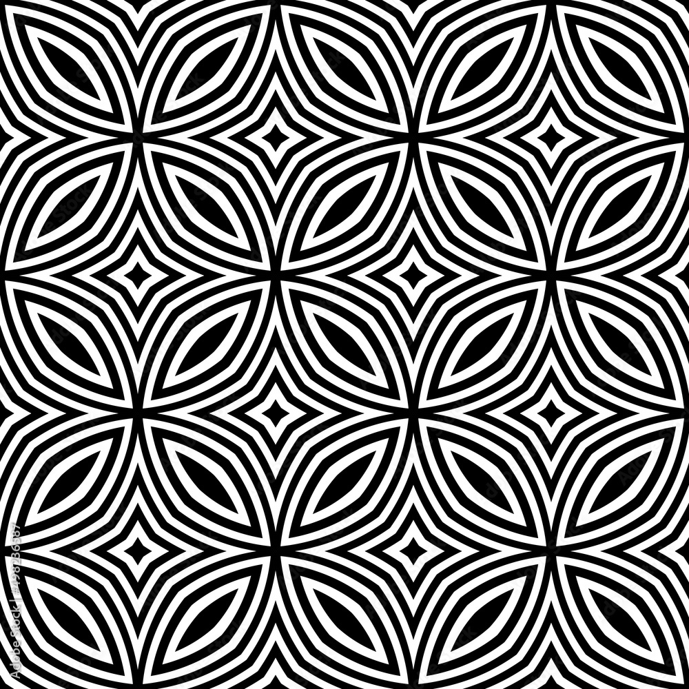 Abstract endless geometric texture illustration of symmetric lattice repeat tiles. Simple minimalist black & white background. Design for prints, textile, decor.Geometric texture with curved shapes.