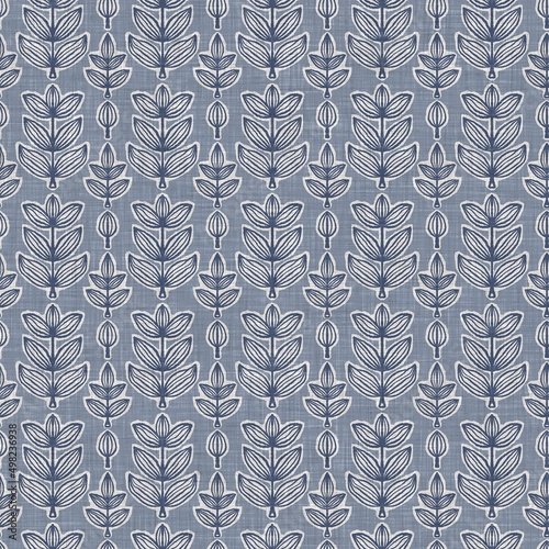 French blue botanical leaf linen seamless pattern with 2 tone country cottage style motif. Simple vintage rustic fabric textile effect. Primitive modern shabby chic kitchen cloth design.