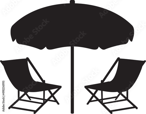 Beach Chairs and Umbrella black and white. Vector illustration.