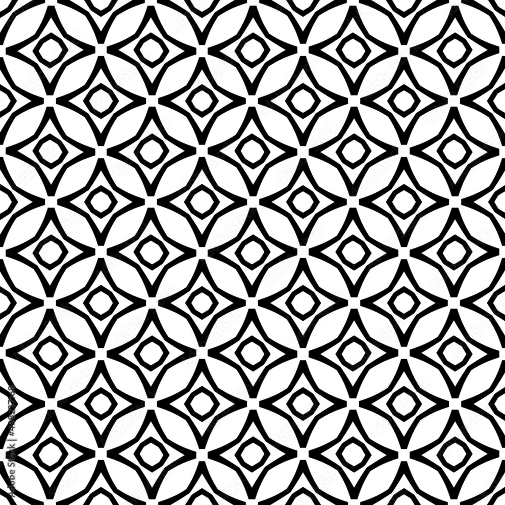 Abstract endless geometric texture illustration of symmetric lattice repeat tiles. Simple minimalist black & white background. Design for prints, textile, decor.Geometric texture with curved shapes.