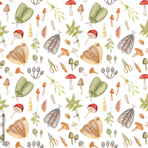 Vintage watercolor seamless pattern with hand drawn butterflies and mothes, mushrooms and herbs.