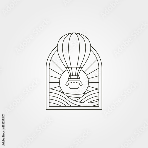 hot air balloon line art logo vector symbol illustration design, hot air balloon with ocean sunset landscape design