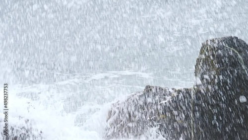 The sea of Cape Kiritafu, Hokkaido. Waves hitting the rocky shore. 