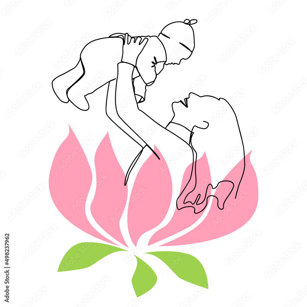 A mother with a baby in her arms is laughing happily in pink. Drawing with one line. A mother with a baby in her arms is laughing happily in pink. Drawing with one line.