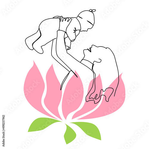 A mother with a baby in her arms is laughing happily in pink. Drawing with one line.